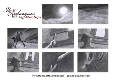 Storyboards for the opening of The Highwayman. Charcoal on 3x5