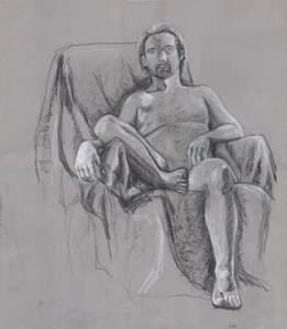 Life drawing. Charcoal and white chalk on colored paper.