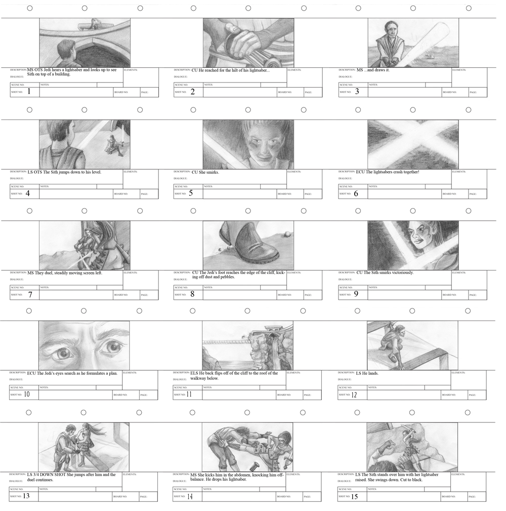Star Wars storyboards. Graphite on paper. Responsible for everything, including Jedi, Sith, and environment designs.